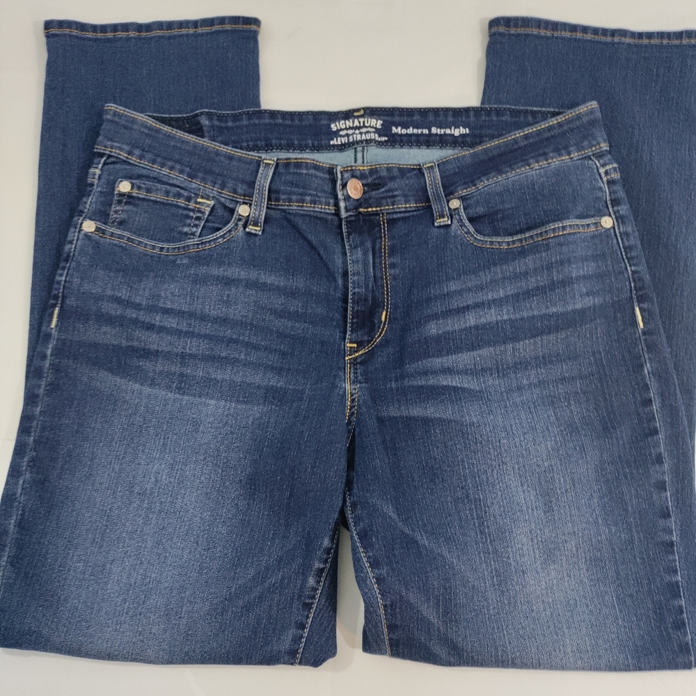 Levi's Signature Modern Straight Mid Rise Dark Wash Stretch Denim Jeans Size 14 - Picture 3 of 16